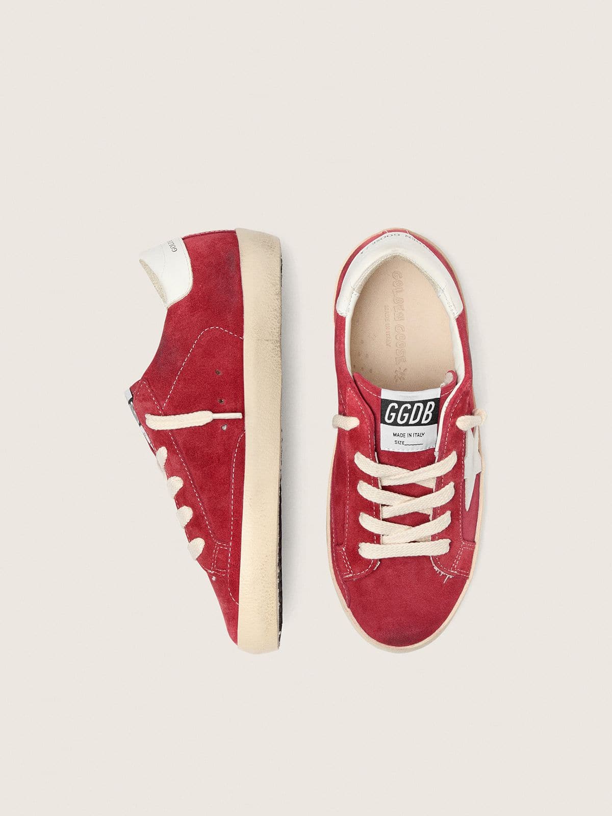 Young Super-Star in red suede with white leather star and heel tab