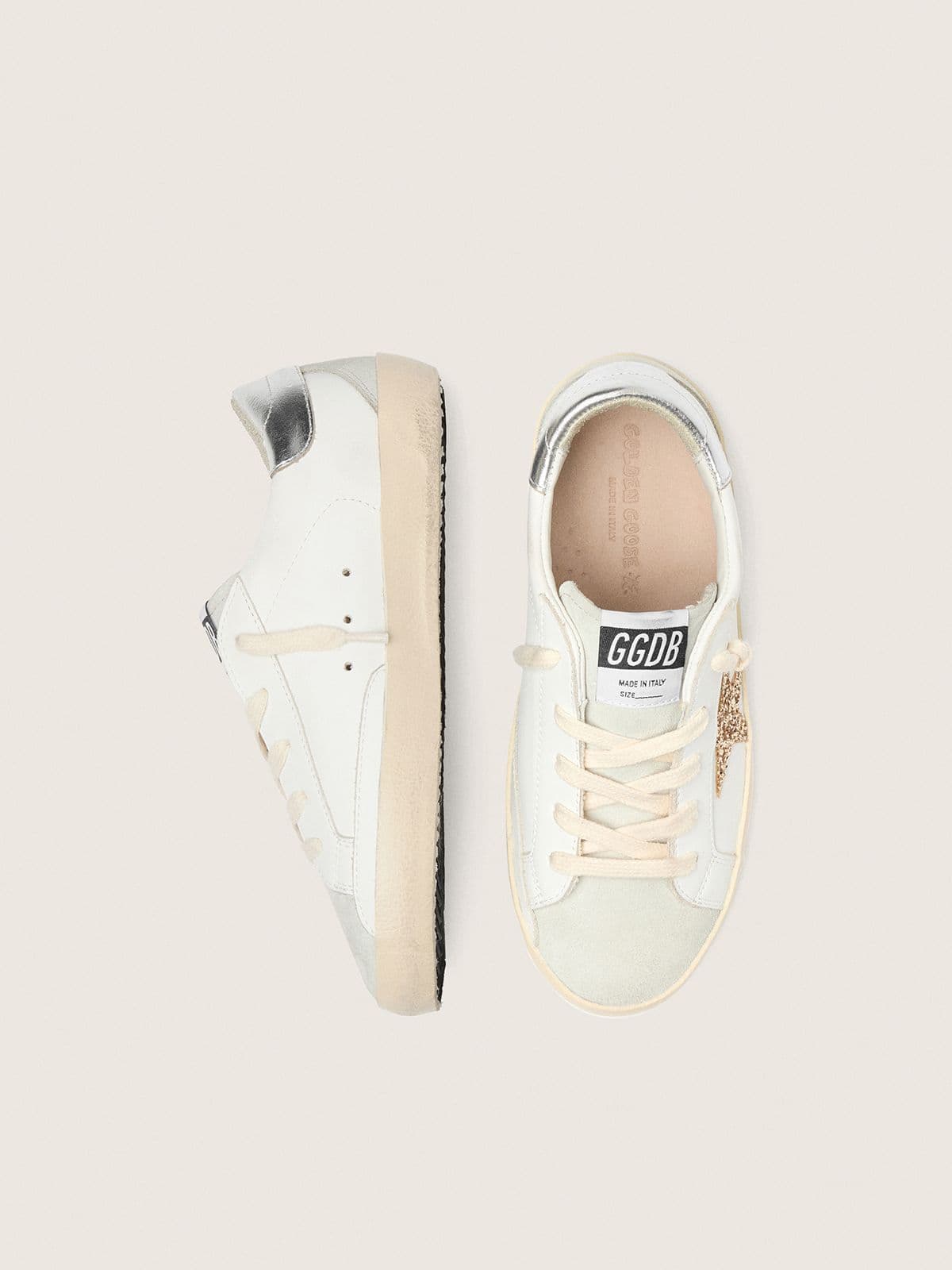 Young Super-Star with gold glitter star and silver metallic leather heel tab