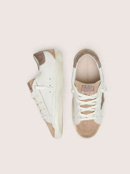 Young Super-Star in white leather with dark gray suede star and beige suede inserts