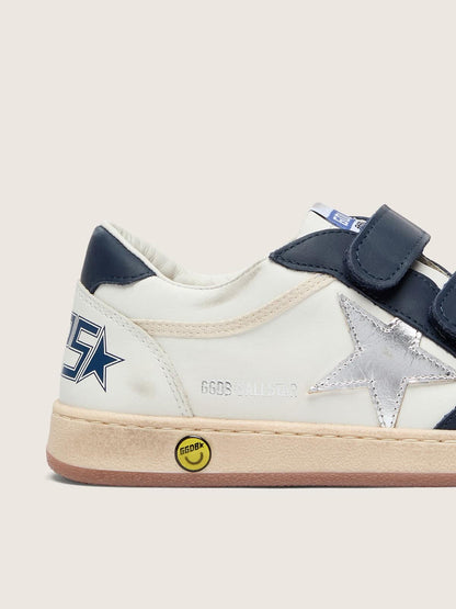 Young Ball Star in white leather with metallic silver leather star and dark blue leather inserts