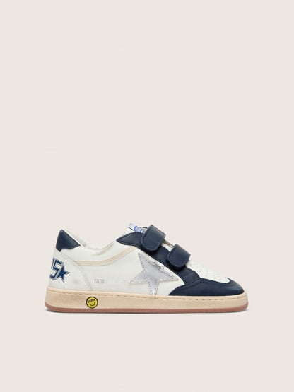 Young Ball Star in white leather with metallic silver leather star and dark blue leather inserts
