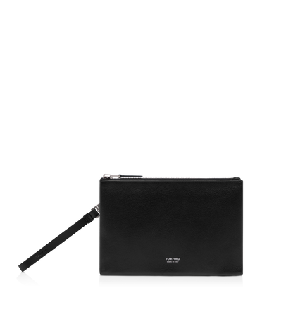 Grain Leather Minimal Slim Pouch With Wristlet