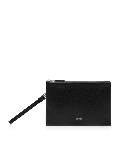 Grain Leather Minimal Slim Pouch With Wristlet