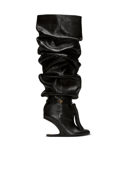 No Wedge textured leather thigh-high boots with tassel
