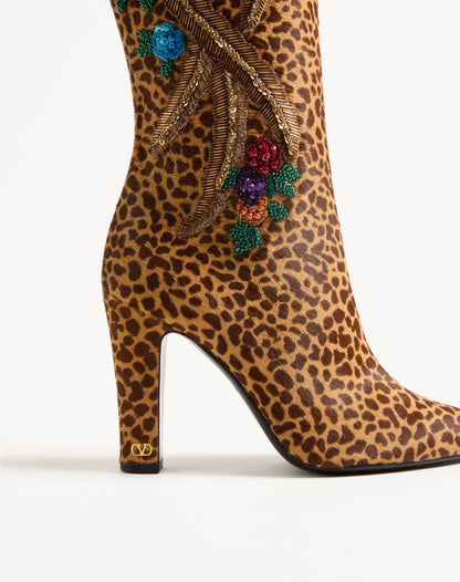 Hotty Boot In Pony-effect Calfskin With Floral Embroidery And Fur 100mm