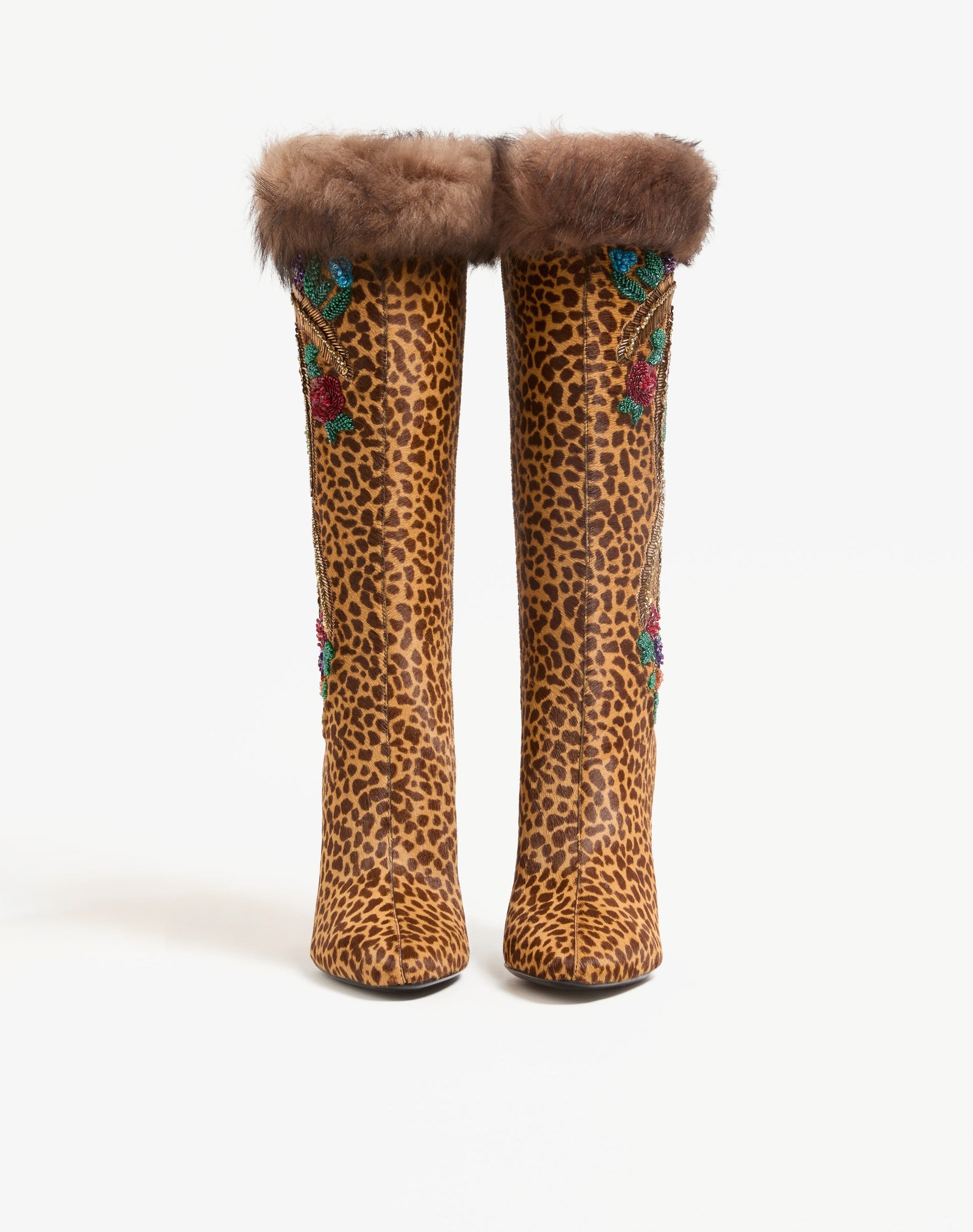 Hotty Boot In Pony-effect Calfskin With Floral Embroidery And Fur 100mm
