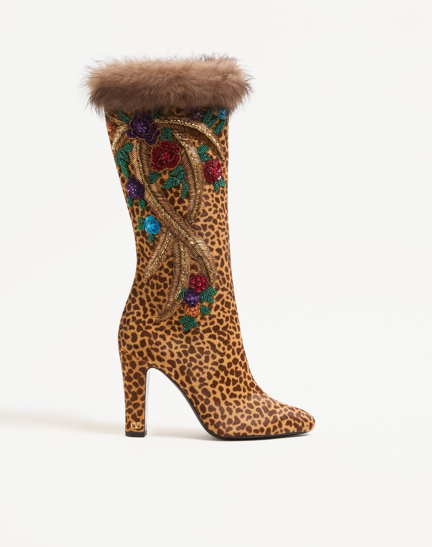 Hotty Boot In Pony-effect Calfskin With Floral Embroidery And Fur 100mm