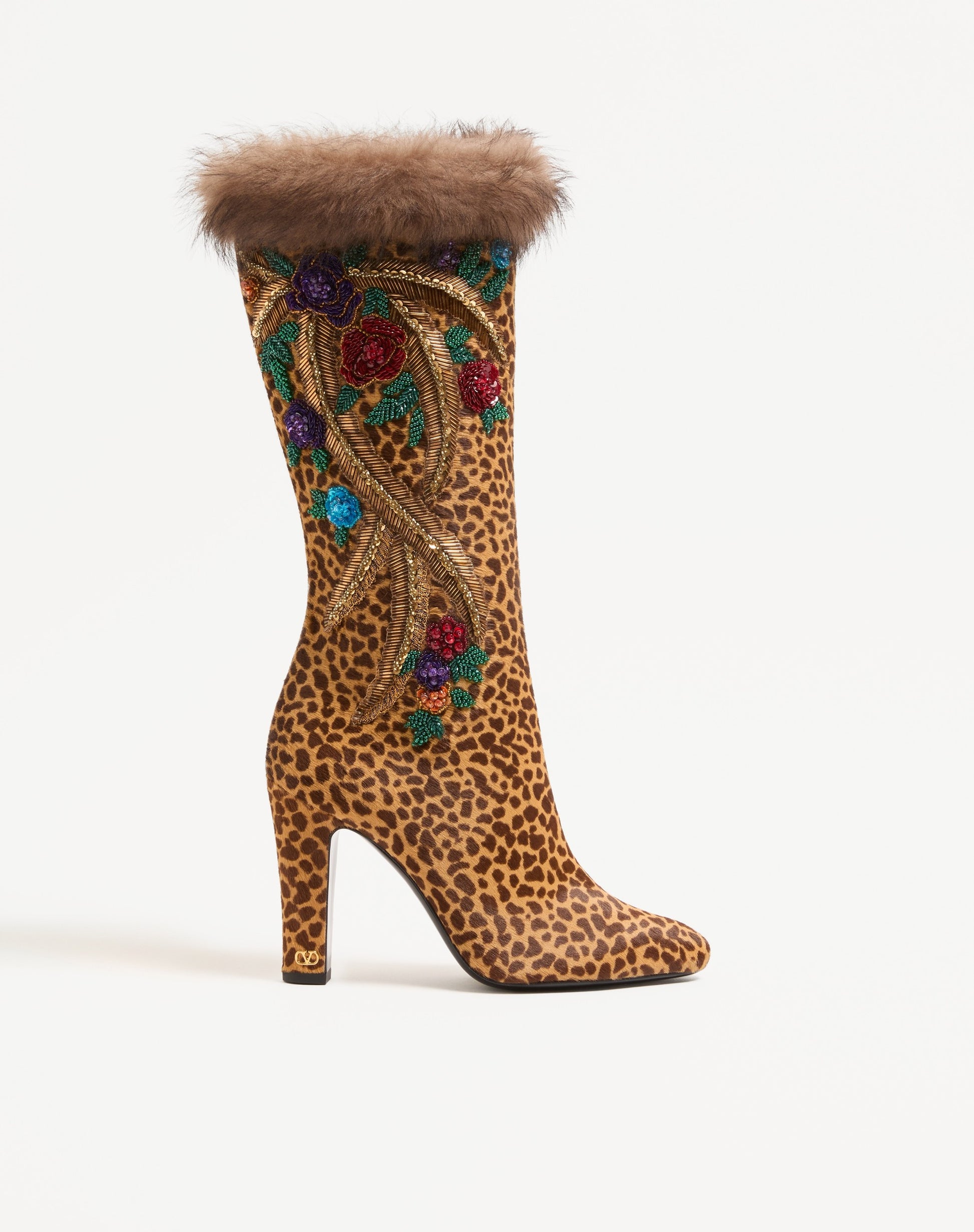 Hotty Boot In Pony-effect Calfskin With Floral Embroidery And Fur 100mm