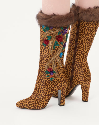 Hotty Boot In Pony-effect Calfskin With Floral Embroidery And Fur 100mm