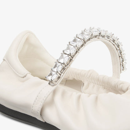 Jade Ballerina Latte Soft Nappa Leather Ballerina Flats with Crystal Strap