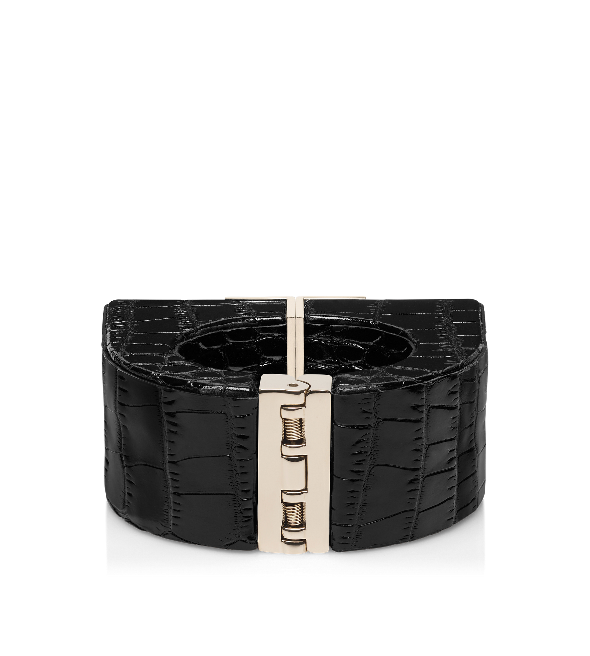 Shiny Stamped Crocodile Leather And Brass Deco Bracelet