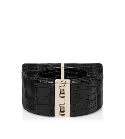 Shiny Stamped Crocodile Leather And Brass Deco Bracelet