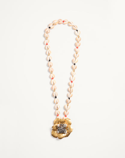 Jardin Aquatique Necklace In Metal, Fabric, Shells, Coral And Onyx
