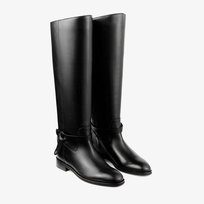 Lawton Knee Boot Flat Black Calf Leather and Soft Vachetta Knee High Boots