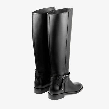 Lawton Knee Boot Flat Black Calf Leather and Soft Vachetta Knee High Boots