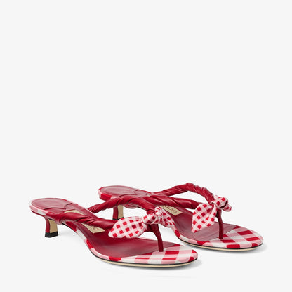 Liss 35 Ruby Red Mix Mixed Gingham Cotton Mule Sandals with Gingham Bow