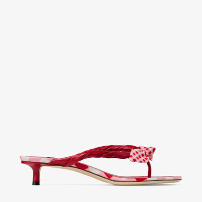Liss 35 Ruby Red Mix Mixed Gingham Cotton Mule Sandals with Gingham Bow