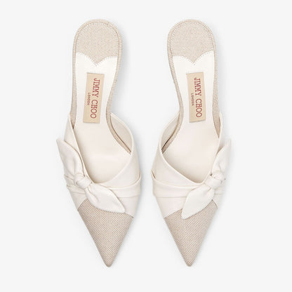 Livi 65 Almond and Latte Mix Flecked Canvas and Soft Glove Leather Mules with Nappa Leather Bow