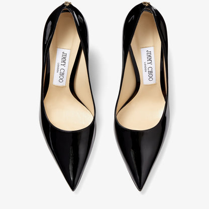 Love 100 Black Patent Leather Pointed-Toe Pumps with JC Emblem