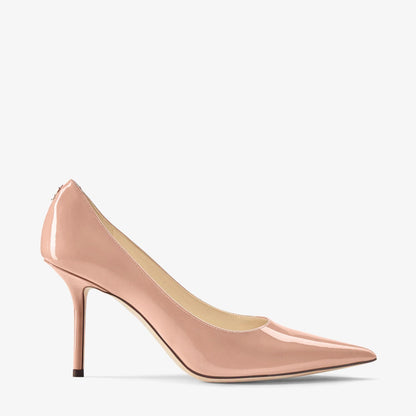 Love 85 Ballet Pink Patent Leather Pointy Toe pumpss with JC Emblem