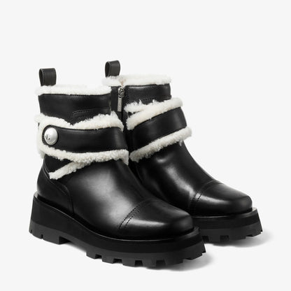 Meena Flat Black Shiny Calf Leather Ankle Boots with Shearling