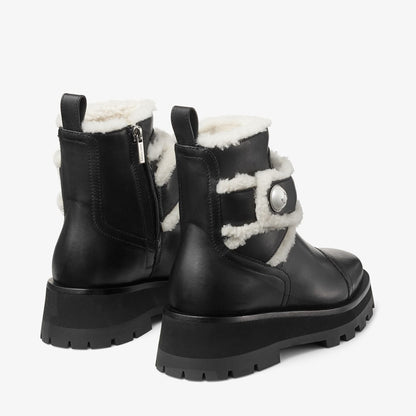 Meena Flat Black Shiny Calf Leather Ankle Boots with Shearling