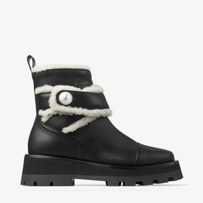 Meena Flat Black Shiny Calf Leather Ankle Boots with Shearling