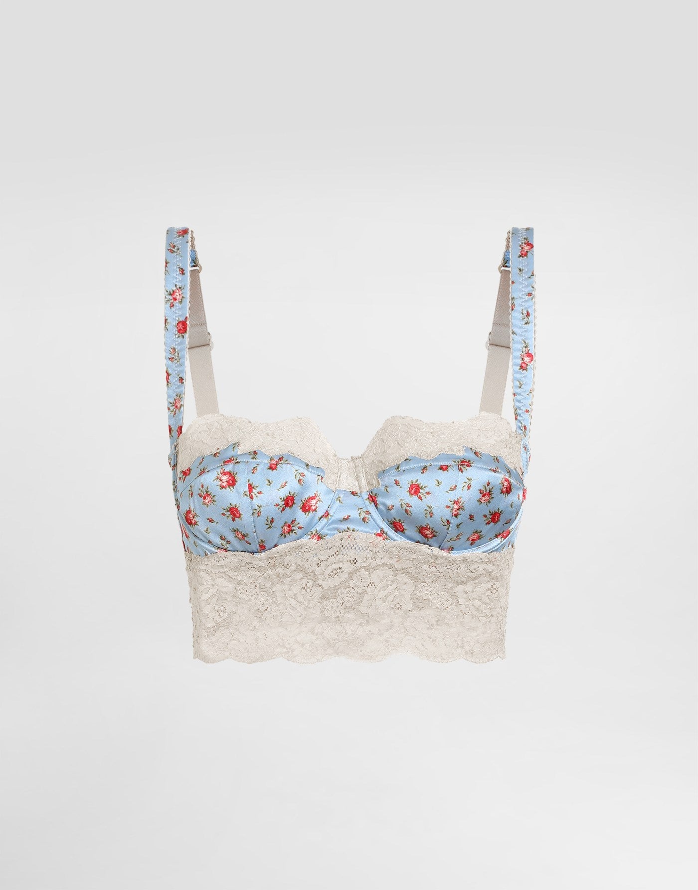 Small rose-print satin and lace balconette