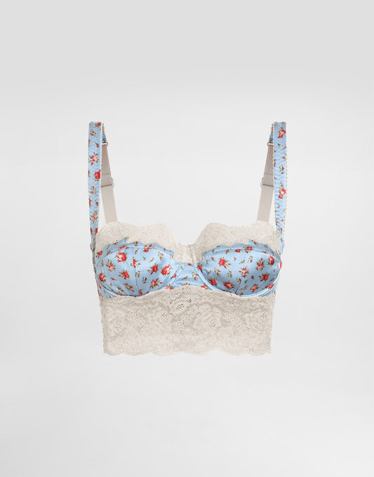 Small rose-print satin and lace balconette