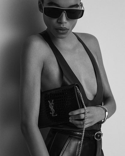CASSANDRE chain wallet in crocodile-embossed shiny leather
