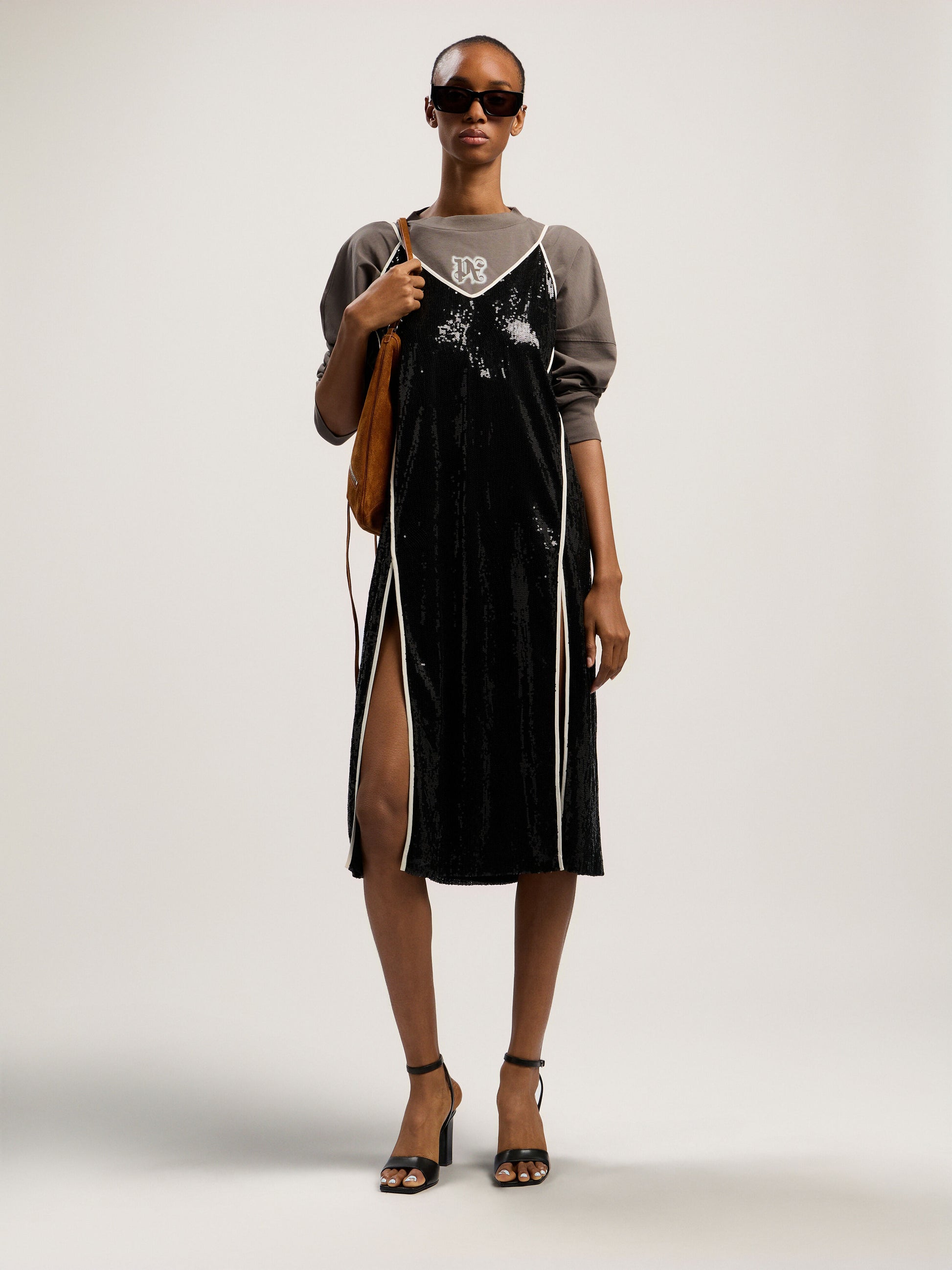 Curved Logo Sequin Slip Dress