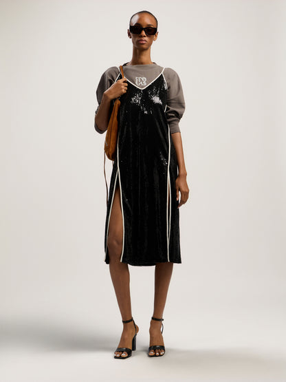 Curved Logo Sequin Slip Dress