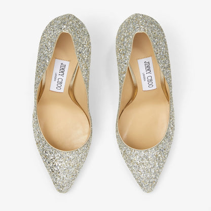 Romy 85 Champagne Coarse Glitter Fabric Pointy Toe Pumps