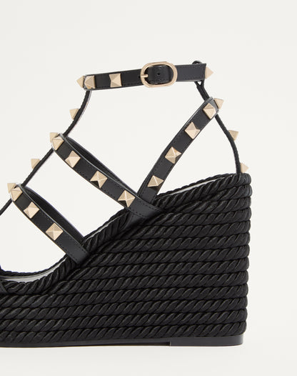 Rockstud Ankle Strap Wedge Sandal In Calfskin Leather 95 Mm