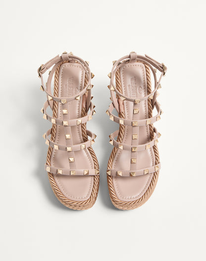 Rockstud Ankle Strap Wedge Sandal In Calfskin Leather 95 Mm