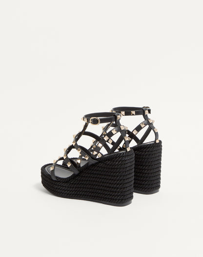 Rockstud Ankle Strap Wedge Sandal In Calfskin Leather 95 Mm