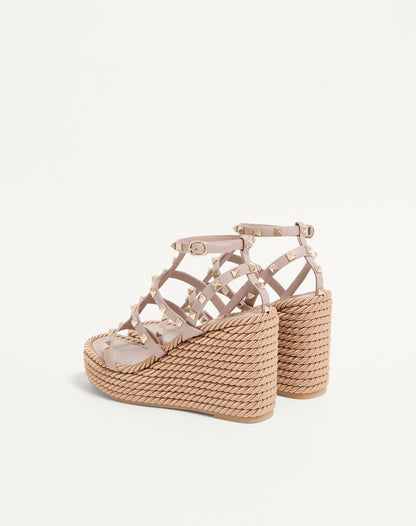 Rockstud Ankle Strap Wedge Sandal In Calfskin Leather 95 Mm