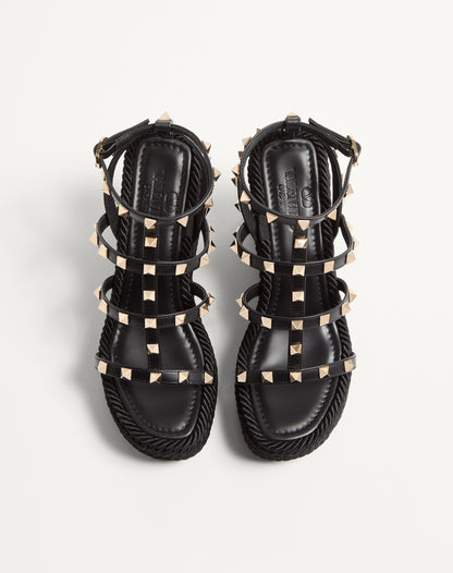 Rockstud Ankle Strap Wedge Sandal In Calfskin Leather 95 Mm