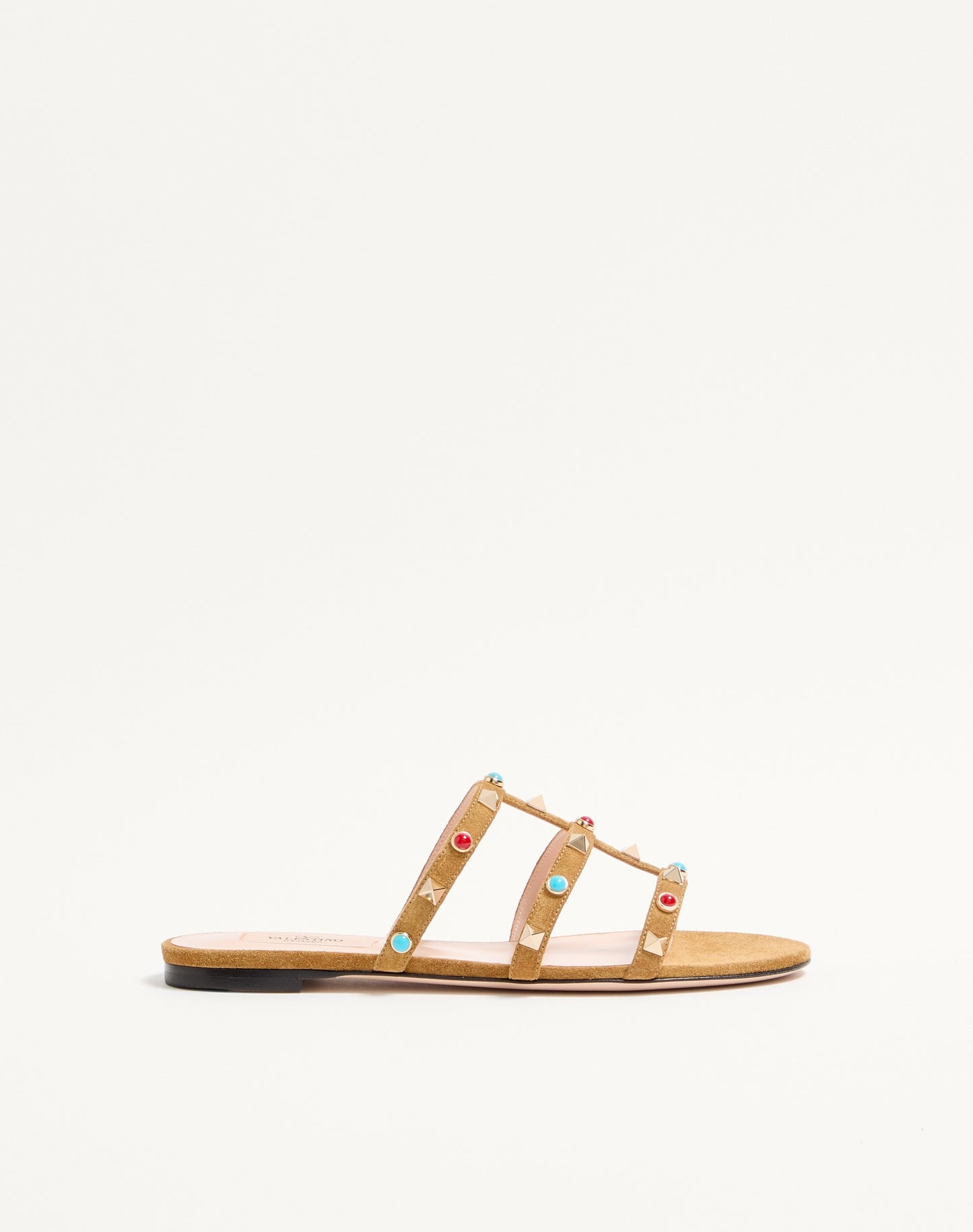 Rockstud Slide Sandal In Split Leather With Cabochon Stones