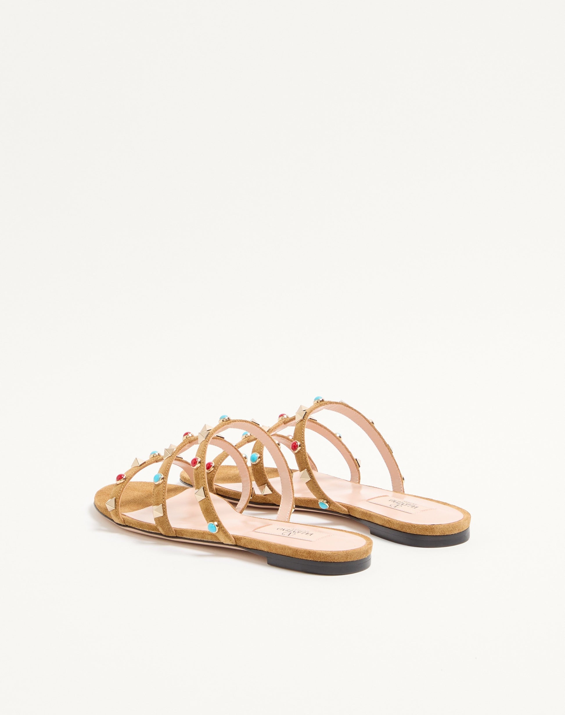 Rockstud Slide Sandal In Split Leather With Cabochon Stones