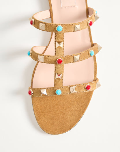 Rockstud Slide Sandal In Split Leather With Cabochon Stones