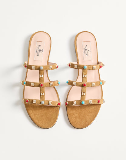 Rockstud Slide Sandal In Split Leather With Cabochon Stones