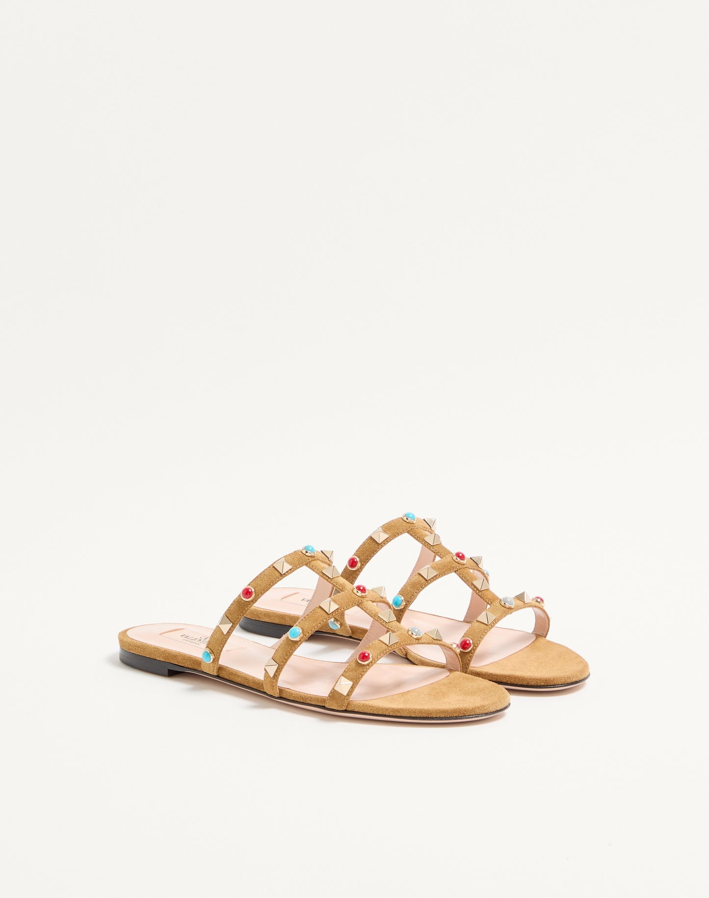 Rockstud Slide Sandal In Split Leather With Cabochon Stones