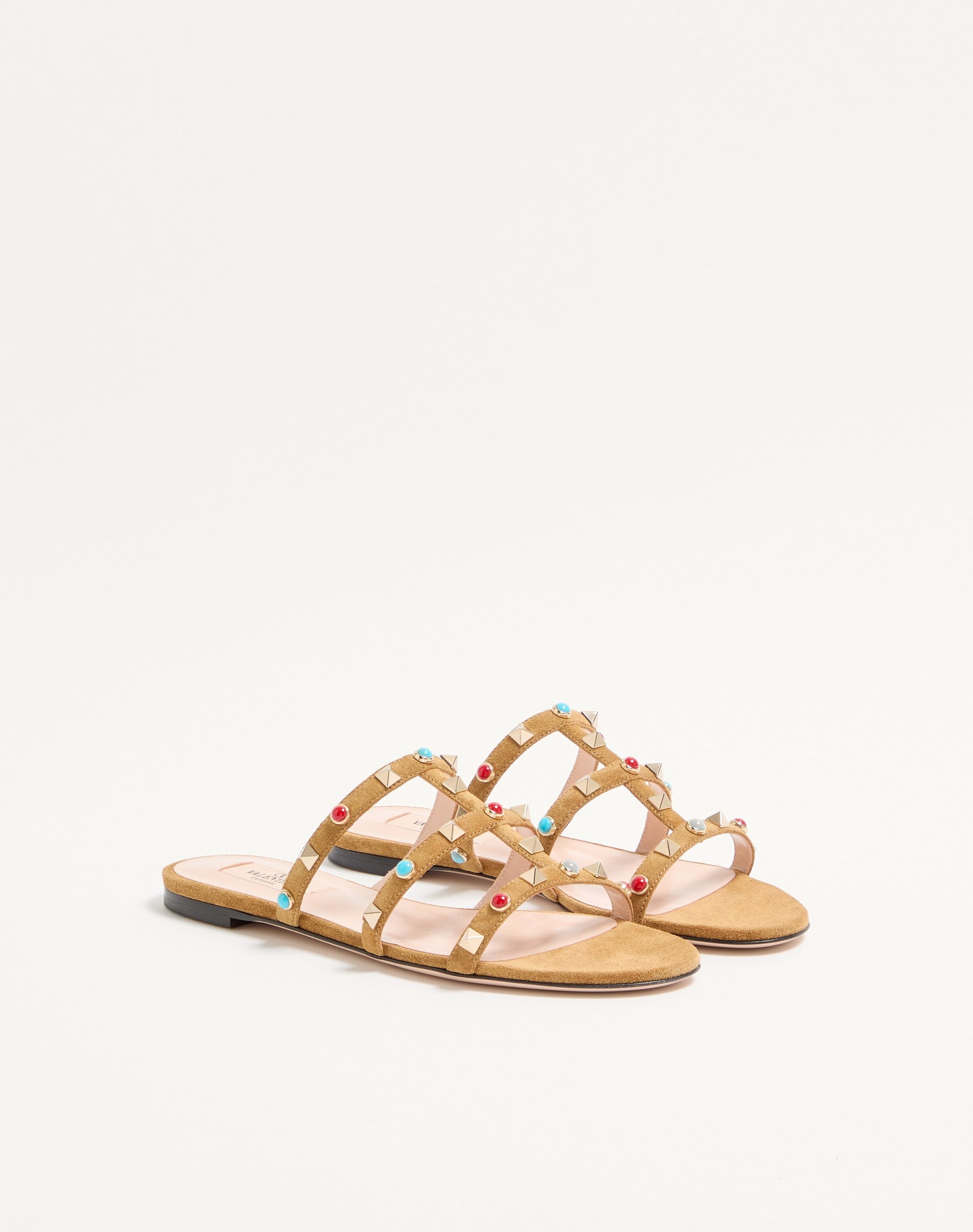 Rockstud Slide Sandal In Split Leather With Cabochon Stones