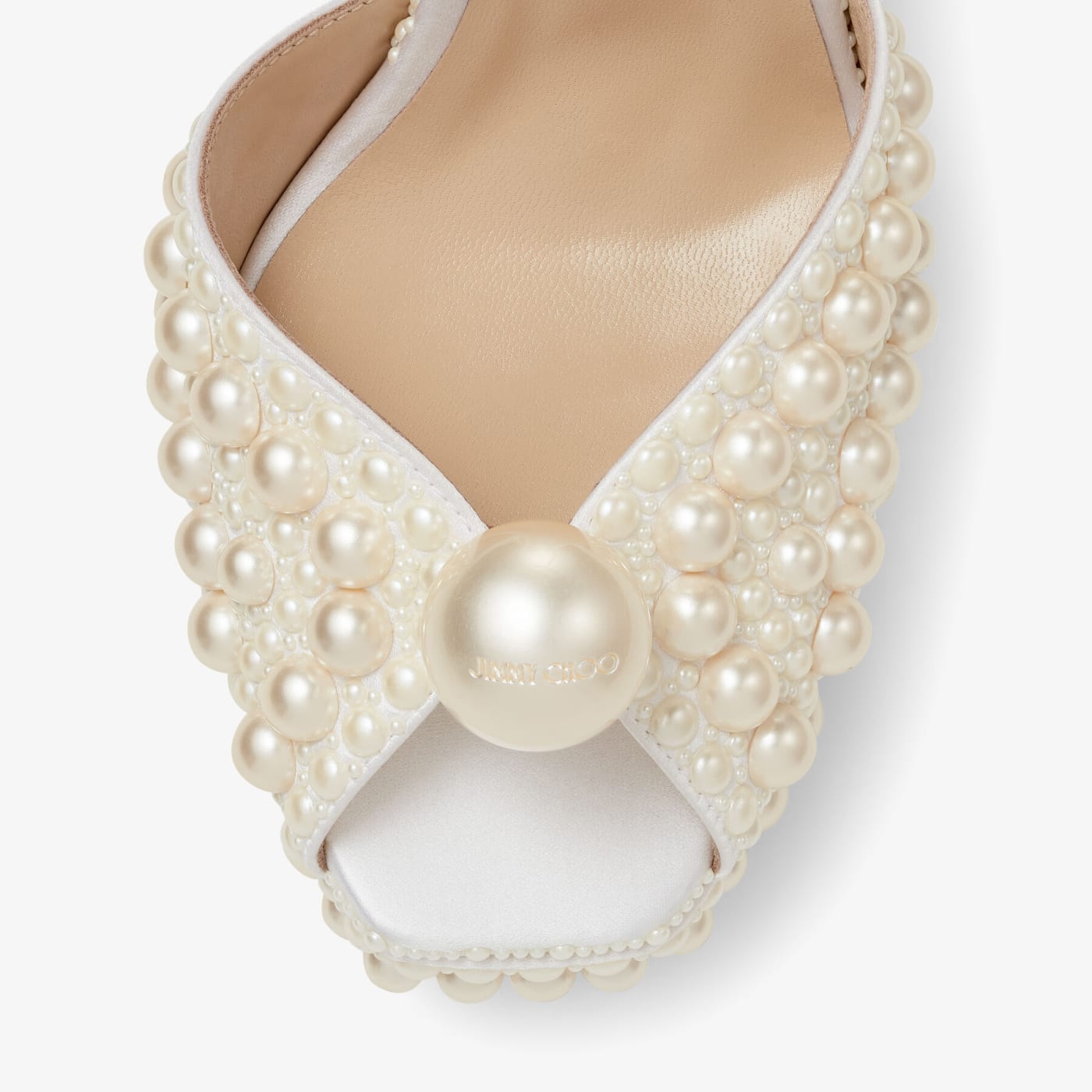 Sacaria Platform 120 White Satin Platform Sandals with All-Over Pearl Embellishment