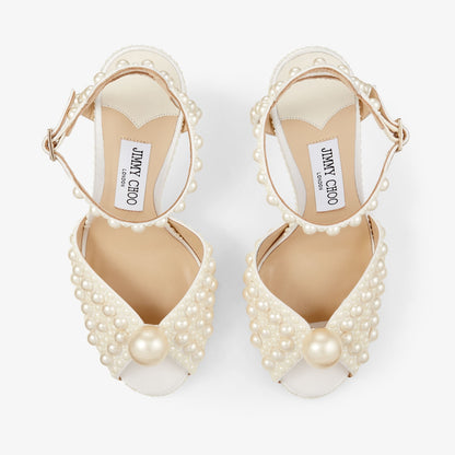 Sacora 100 White Satin Sandals with All Over Pearls