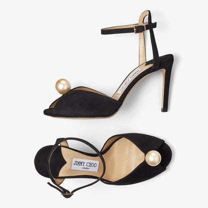 Sacora 85 Black Suede Sandals with Pearl Embellishment