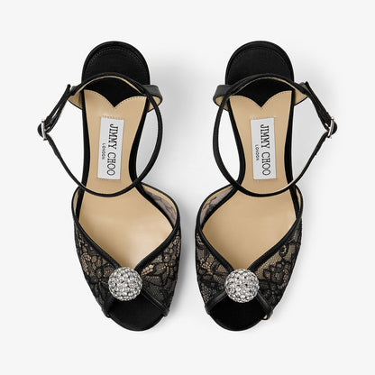 Sacora 85 Black Lace Sandals with Crystal-Embellished Sphere