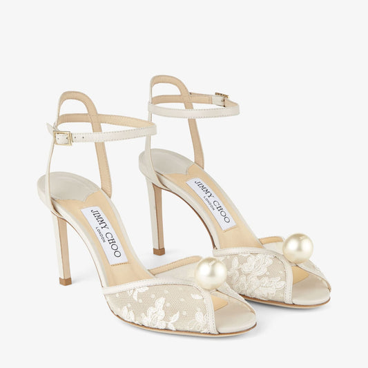 Sacora 85 Ivory Floral Lace Sandals with Pearl Detail
