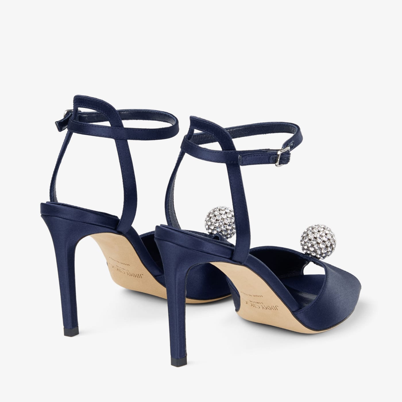 Sacora 85 Marine Satin Sandals with Crystal-Embellished Sphere